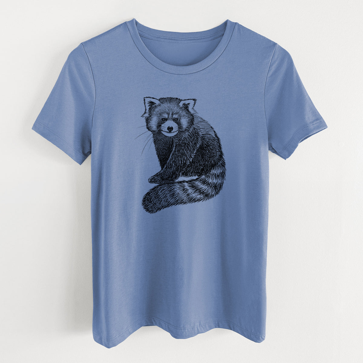 Blue bell women's relaxed fit cotton t-shirt laid flat, printed with a detailed black ink illustration of a red panda sitting with its striped tail wrapped around.