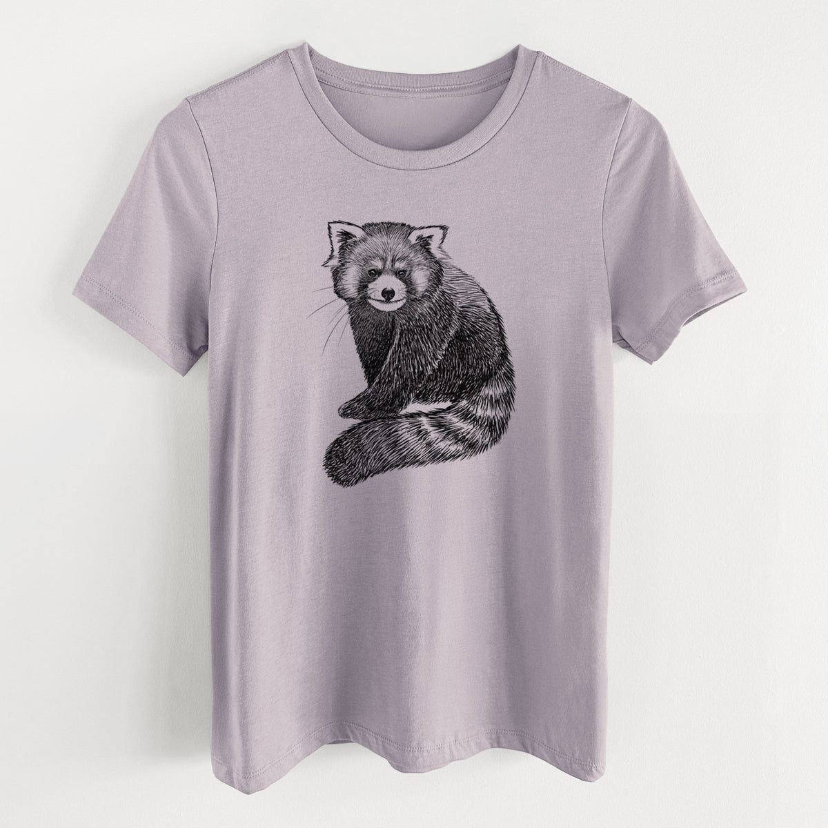 Light violet women's relaxed fit cotton t-shirt laid flat, printed with a detailed black ink illustration of a red panda sitting with its striped tail wrapped around.
