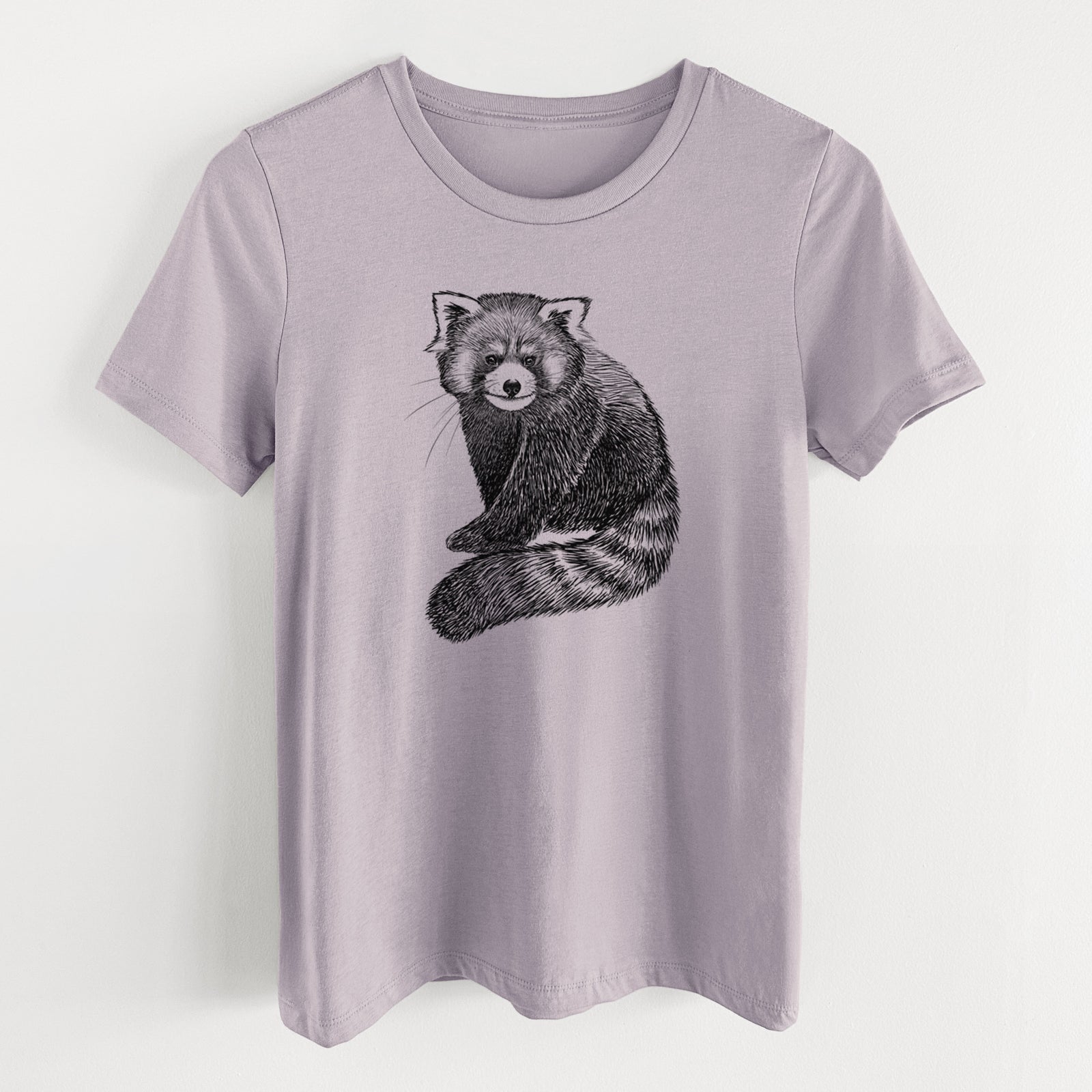 Light violet women's relaxed fit cotton t-shirt laid flat, printed with a detailed black ink illustration of a red panda sitting with its striped tail wrapped around.