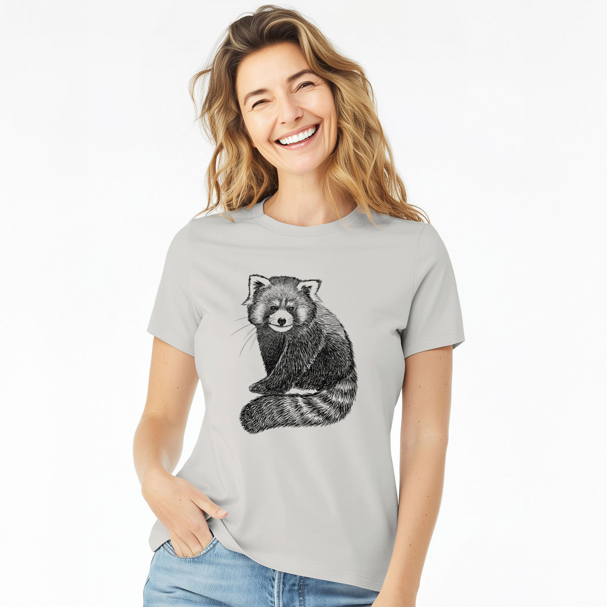 Woman wearing a lunar grey women's relaxed fit cotton t-shirt printed with a detailed black ink illustration of a red panda sitting with its striped tail wrapped around.