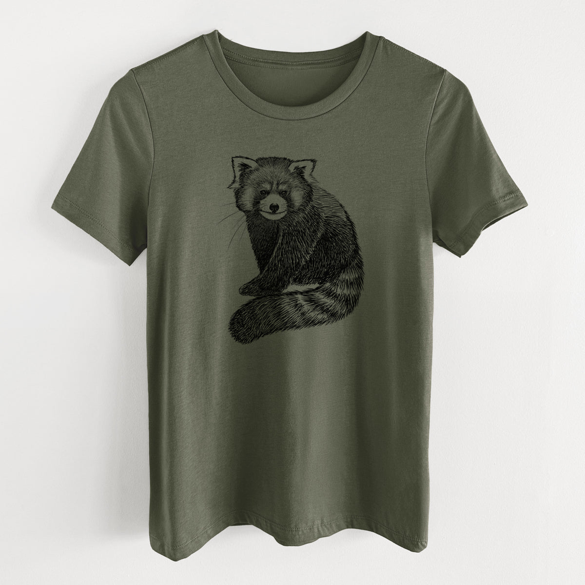 Military green women's relaxed fit cotton t-shirt laid flat, printed with a detailed black ink illustration of a red panda sitting with its striped tail wrapped around.