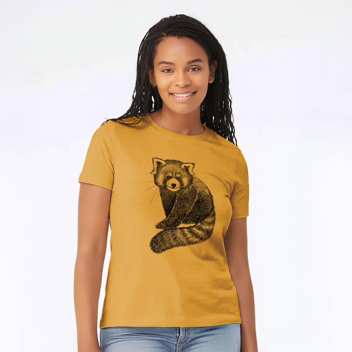 Woman wearing a mustard yellow women's relaxed fit cotton t-shirt printed with a detailed black ink illustration of a red panda sitting with its striped tail wrapped around.