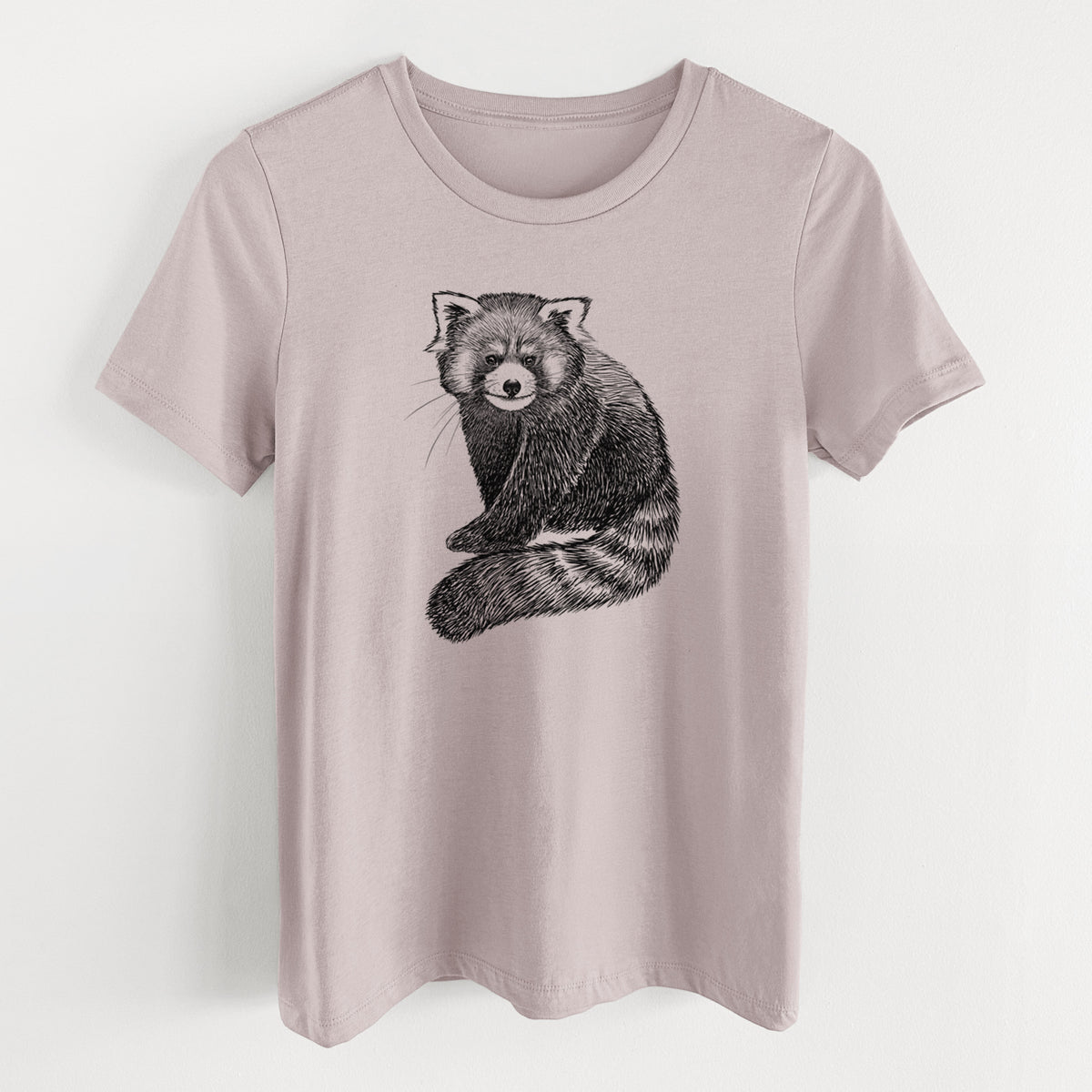 Pink gravel women's relaxed fit cotton t-shirt laid flat, printed with a detailed black ink illustration of a red panda sitting with its striped tail wrapped around.