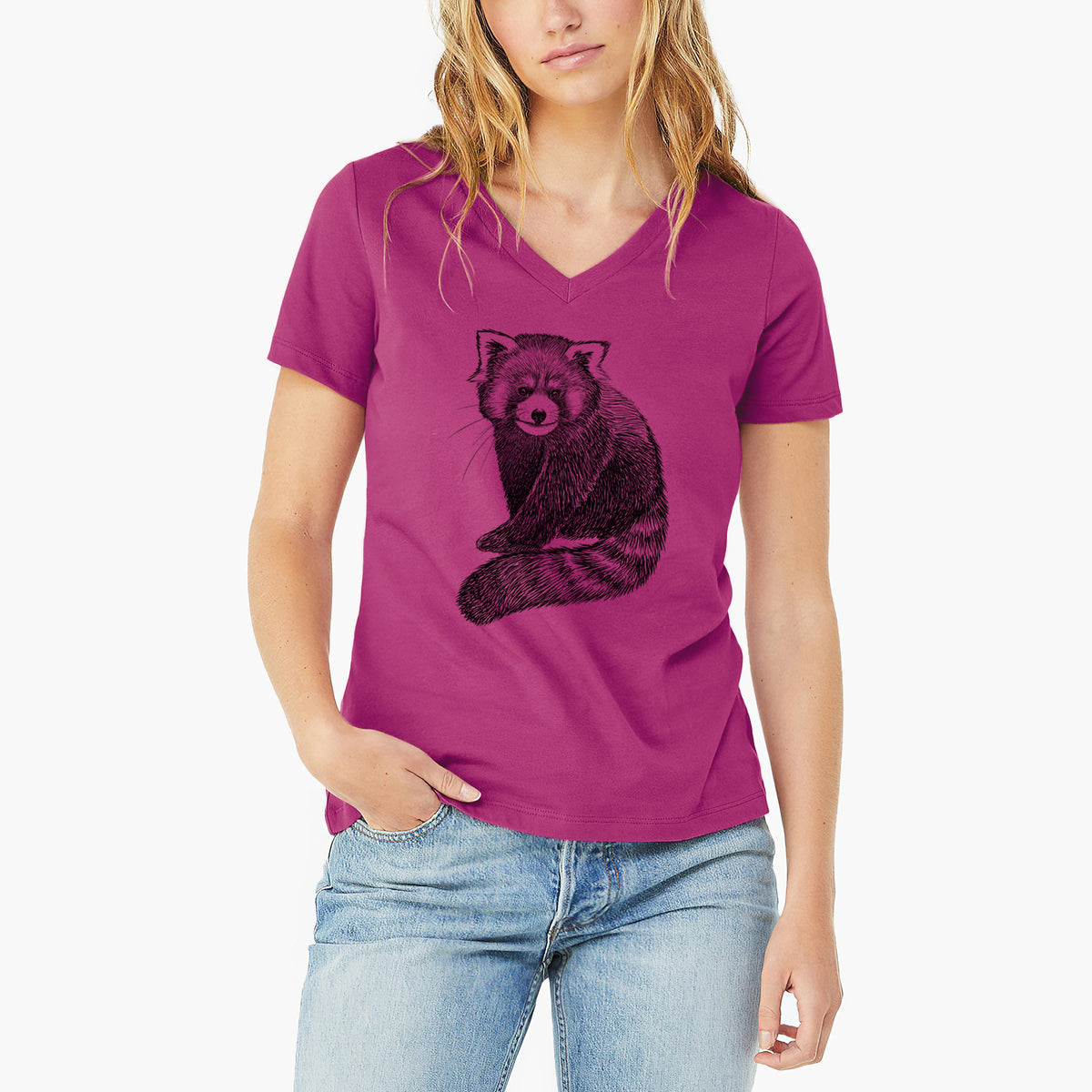 Woman wearing a berry pink women's relaxed fit cotton V-neck t-shirt printed with a detailed black ink illustration of a red panda sitting with its striped tail wrapped around.