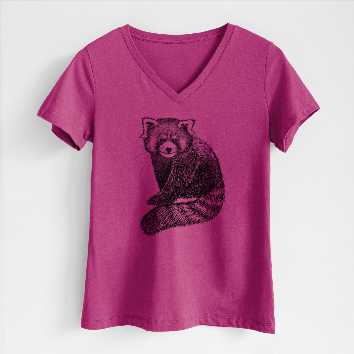 Berry pink women's relaxed fit cotton V-neck t-shirt laid flat, printed with a detailed black ink illustration of a red panda sitting with its striped tail wrapped around.