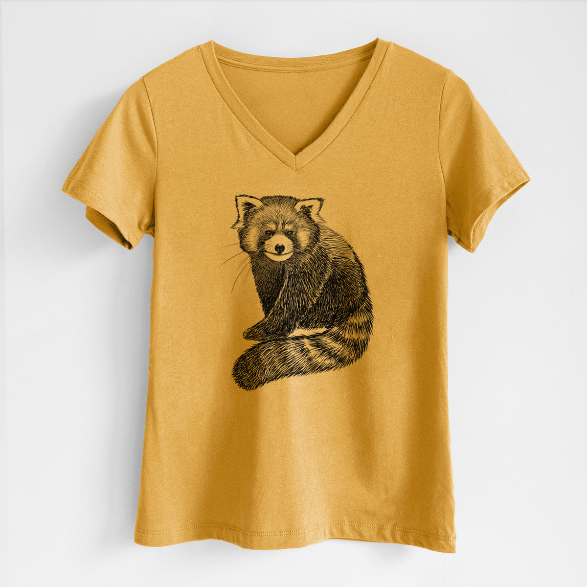 Honeycomb yellow women's relaxed fit cotton V-neck t-shirt laid flat, printed with a detailed black ink illustration of a red panda sitting with its striped tail wrapped around.