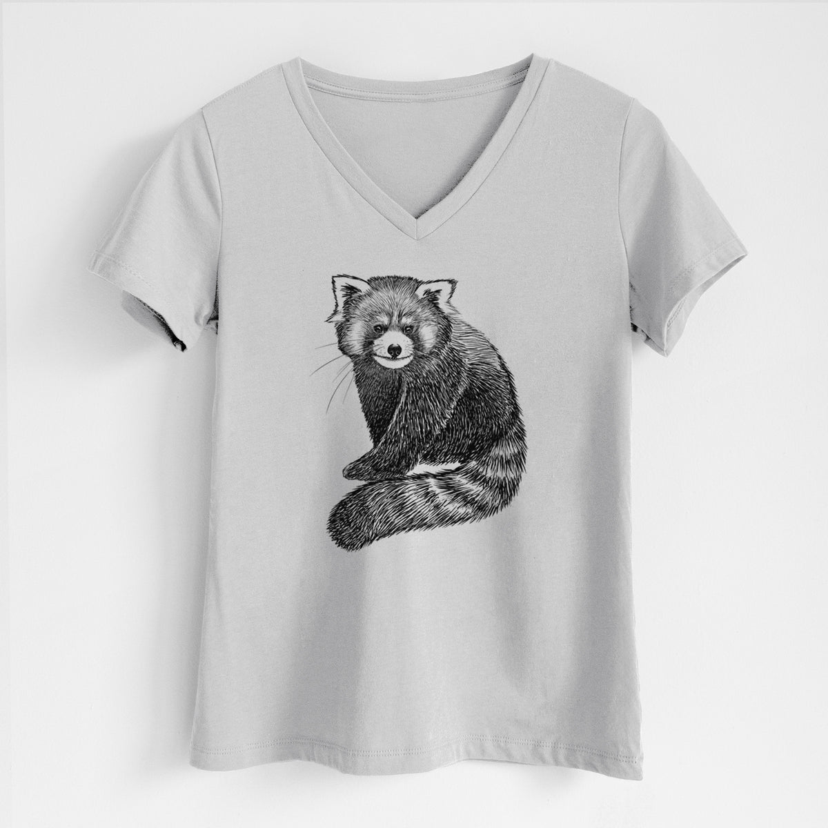 Lunar grey women's relaxed fit cotton V-neck t-shirt laid flat, printed with a detailed black ink illustration of a red panda sitting with its striped tail wrapped around.