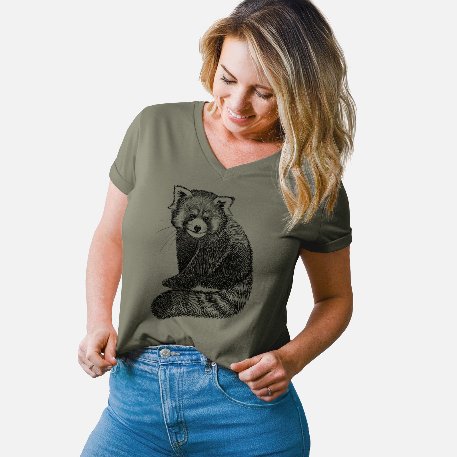 Turquoise women's relaxed fit cotton V-neck t-shirt laid flat, printed with a detailed black ink illustration of a red panda sitting with its striped tail wrapped around.