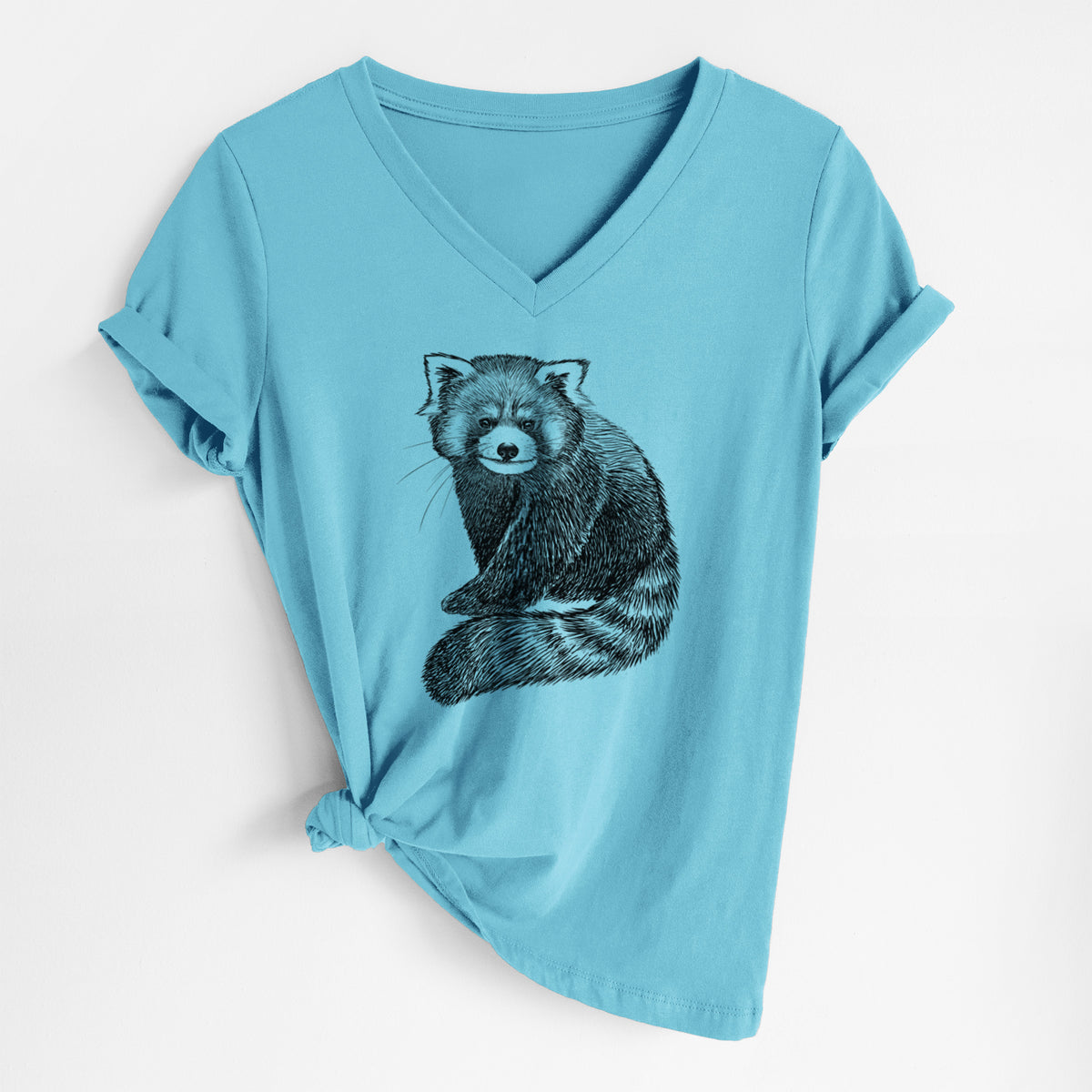Turquoise women's relaxed fit cotton V-neck t-shirt laid flat, printed with a detailed black ink illustration of a red panda sitting with its striped tail wrapped around.