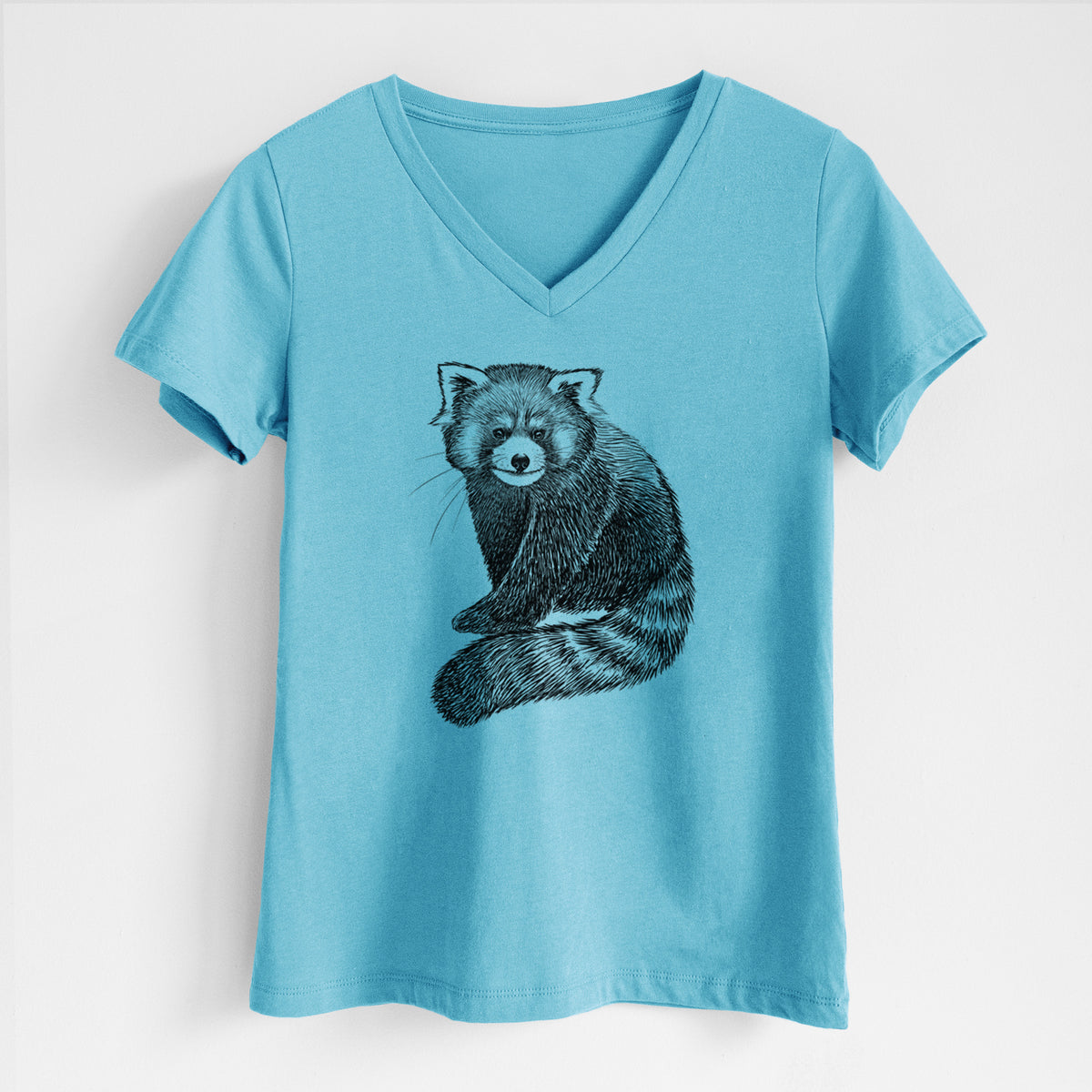 Turquoise women's relaxed fit cotton V-neck t-shirt laid flat, printed with a detailed black ink illustration of a red panda sitting with its striped tail wrapped around.