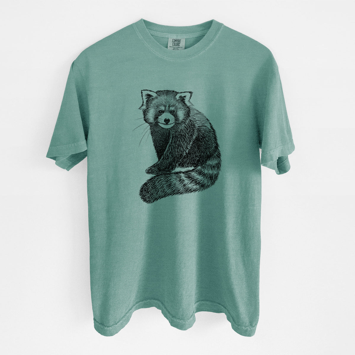 Reef green Comfort Colors t-shirt laid flat, printed with a detailed black ink illustration of a red panda sitting with its striped tail wrapped around.