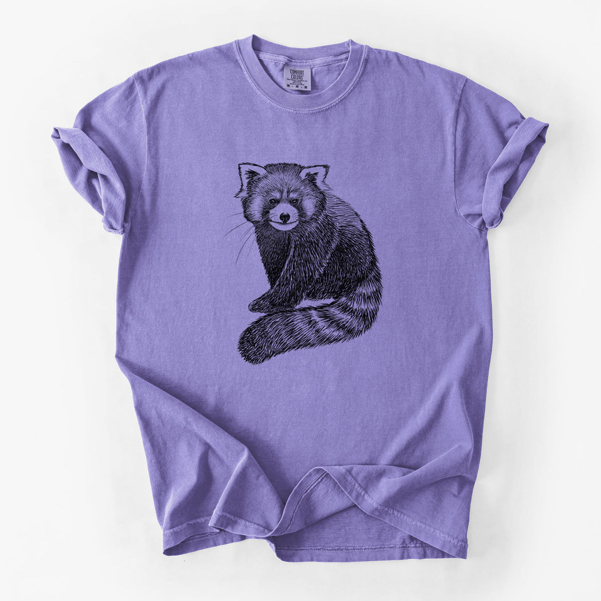 Violet purple Comfort Colors t-shirt laid flat, printed with a detailed black ink illustration of a red panda sitting with its striped tail wrapped around.