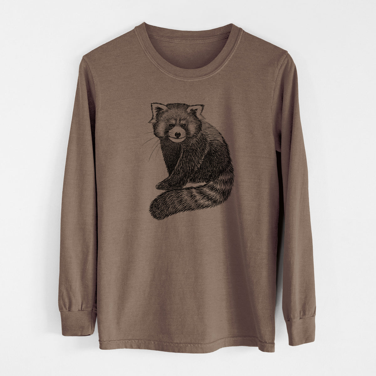 Espresso brown Comfort Colors long sleeve shirt laid flat, printed with a detailed black ink illustration of a red panda sitting with its striped tail wrapped around.