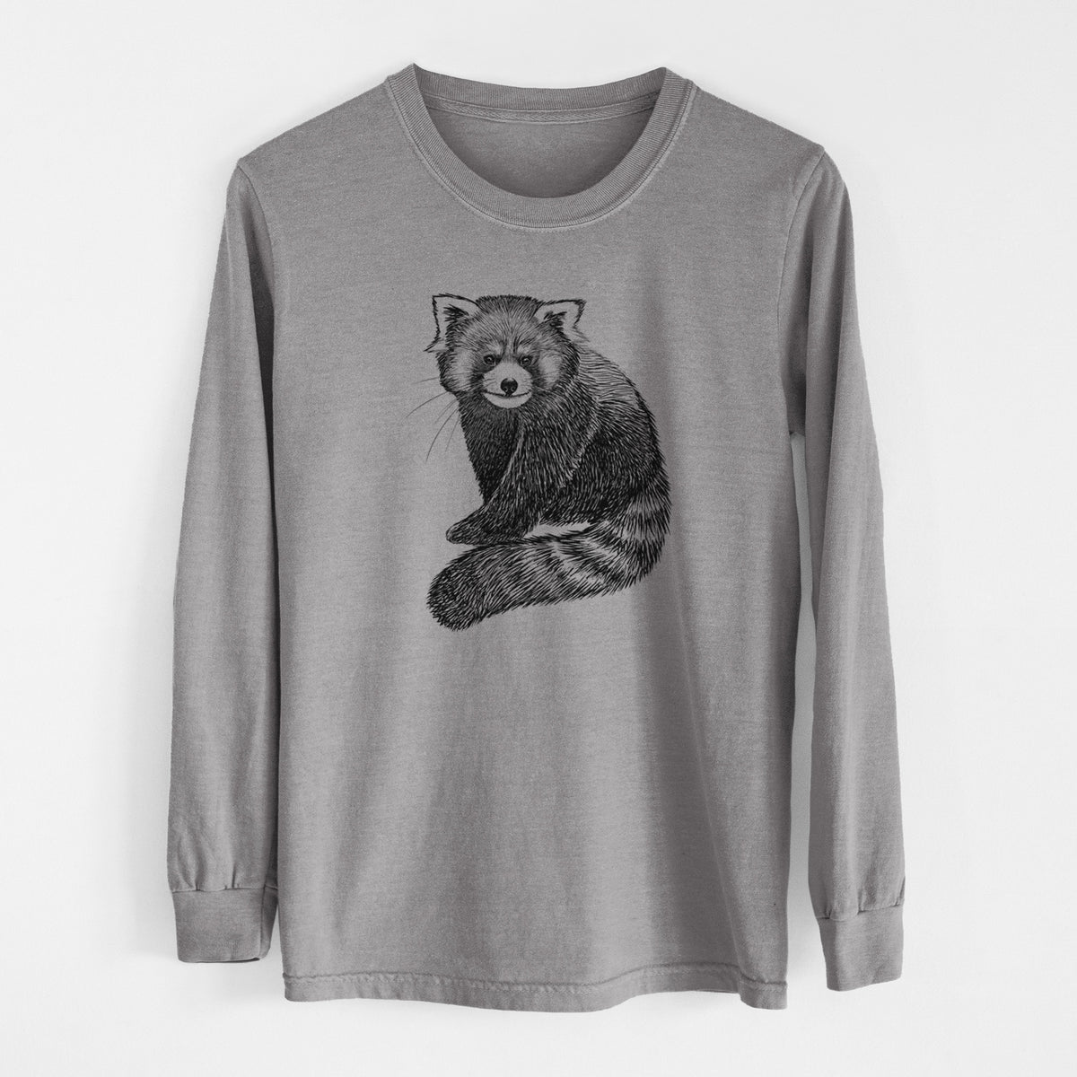 Grey Comfort Colors long sleeve shirt laid flat, printed with a detailed black ink illustration of a red panda sitting with its striped tail wrapped around.