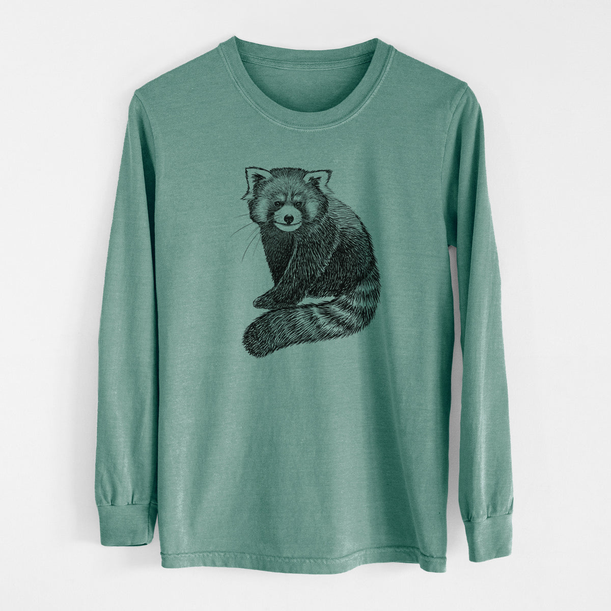 Pine green Comfort Colors long sleeve shirt laid flat, printed with a detailed black ink illustration of a red panda sitting with its striped tail wrapped around.