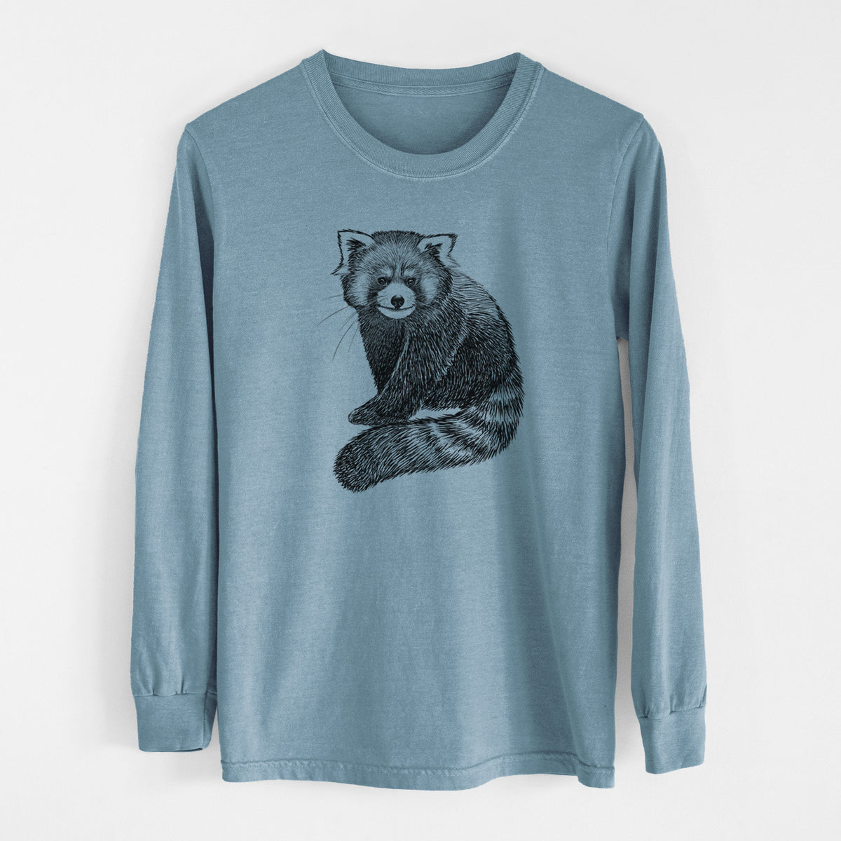 Steel blue Comfort Colors long sleeve shirt laid flat, printed with a detailed black ink illustration of a red panda sitting with its striped tail wrapped around.