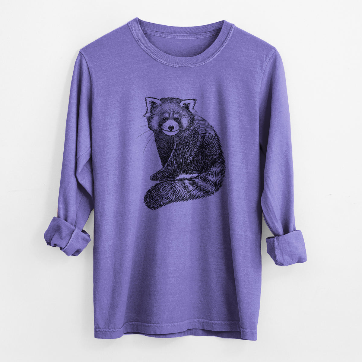 Violet purple Comfort Colors long sleeve shirt laid flat with the cuffs rolled, printed with a detailed black ink illustration of a red panda sitting with its striped tail wrapped around.