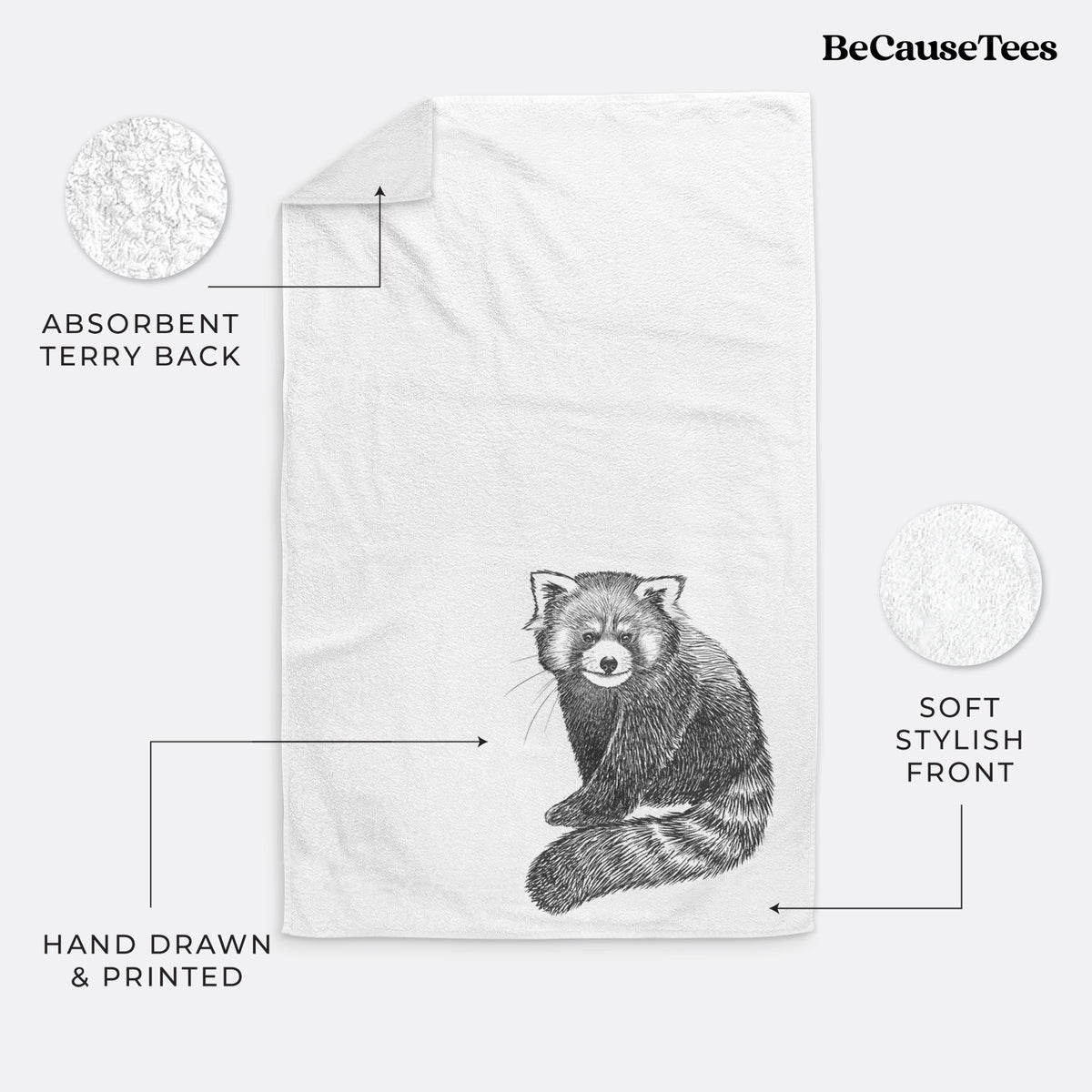 White hand towel printed with a detailed black ink illustration of a red panda sitting with its striped tail wrapped around.