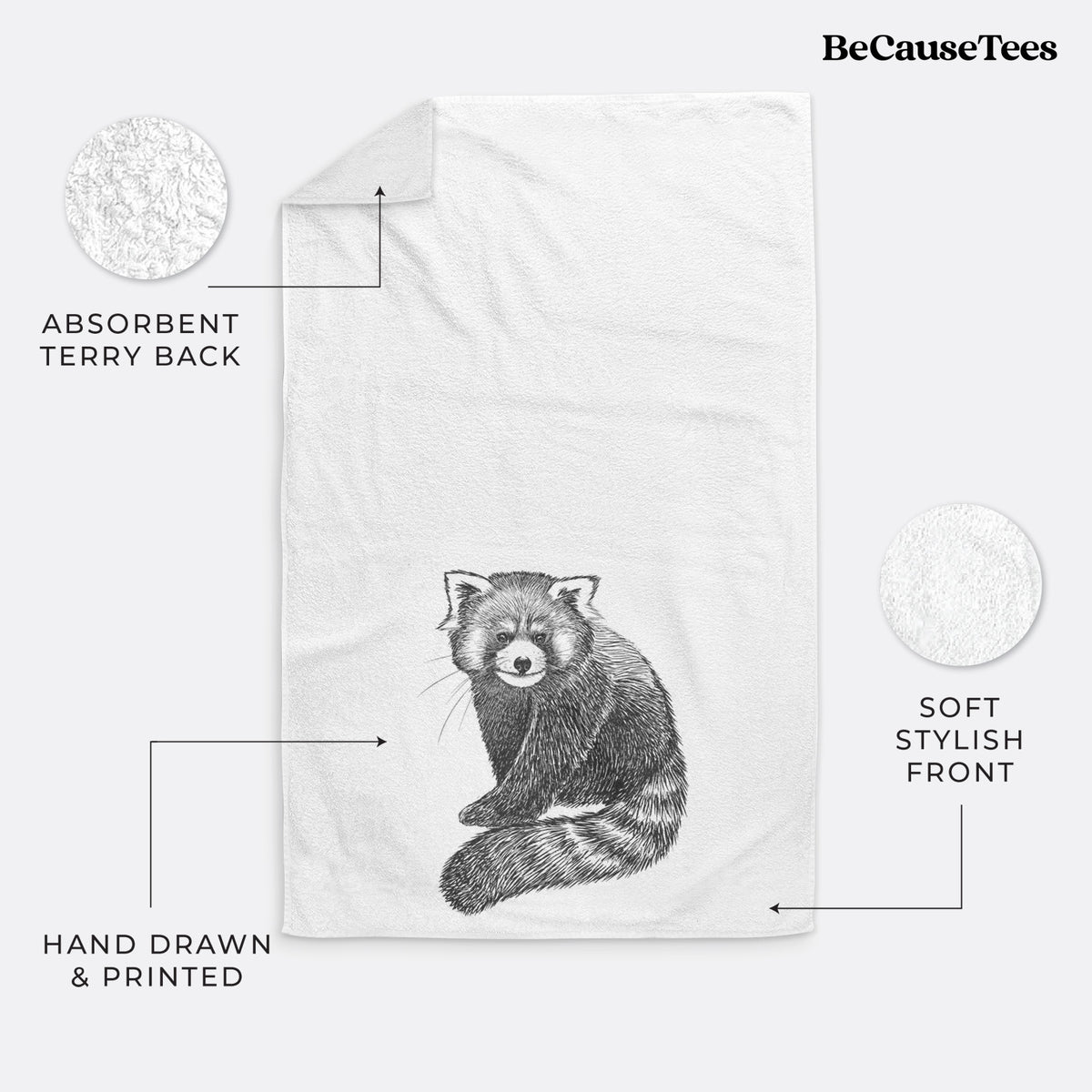 White hand towel printed with a detailed black ink illustration of a red panda sitting with its striped tail wrapped around.