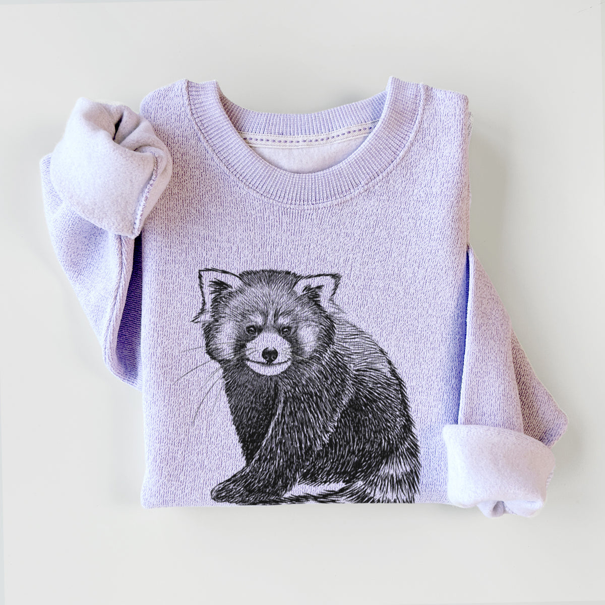 Ice purple knit sweatshirt printed with a detailed black ink illustration of a red panda sitting with its striped tail wrapped around, styled flat.