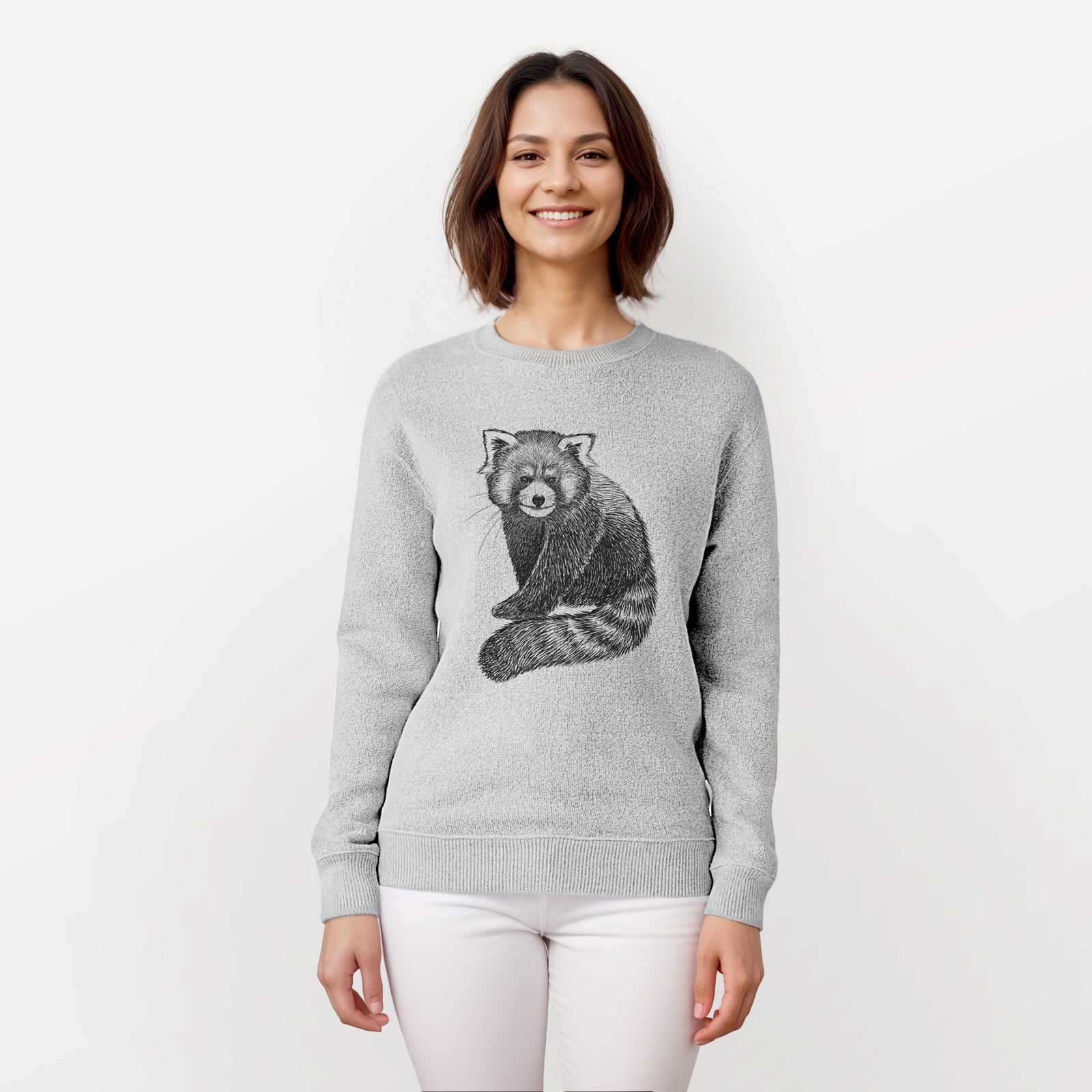 Salt and pepper knit sweatshirt laid flat, printed with a detailed black ink illustration of a red panda sitting with its striped tail wrapped around.