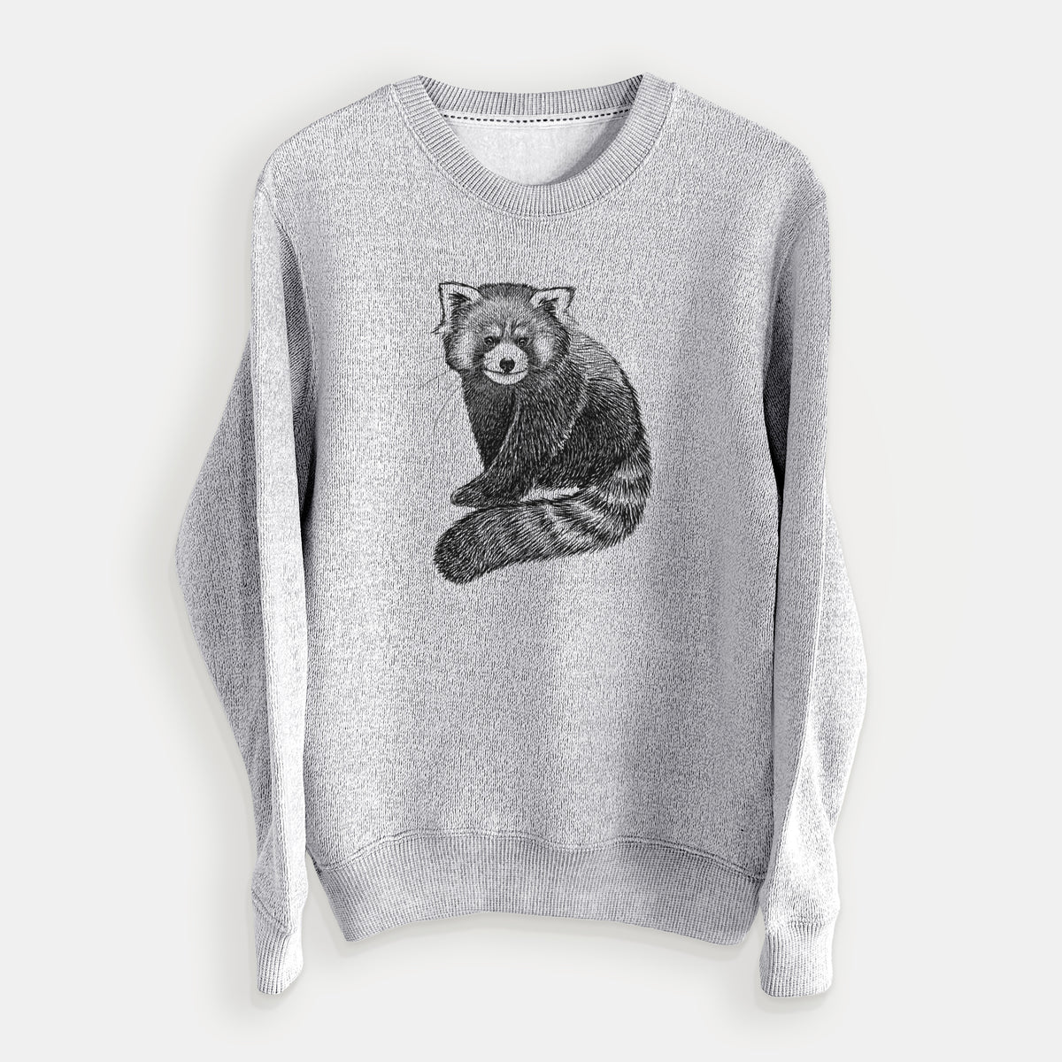 Salt and pepper knit sweatshirt laid flat, printed with a detailed black ink illustration of a red panda sitting with its striped tail wrapped around.