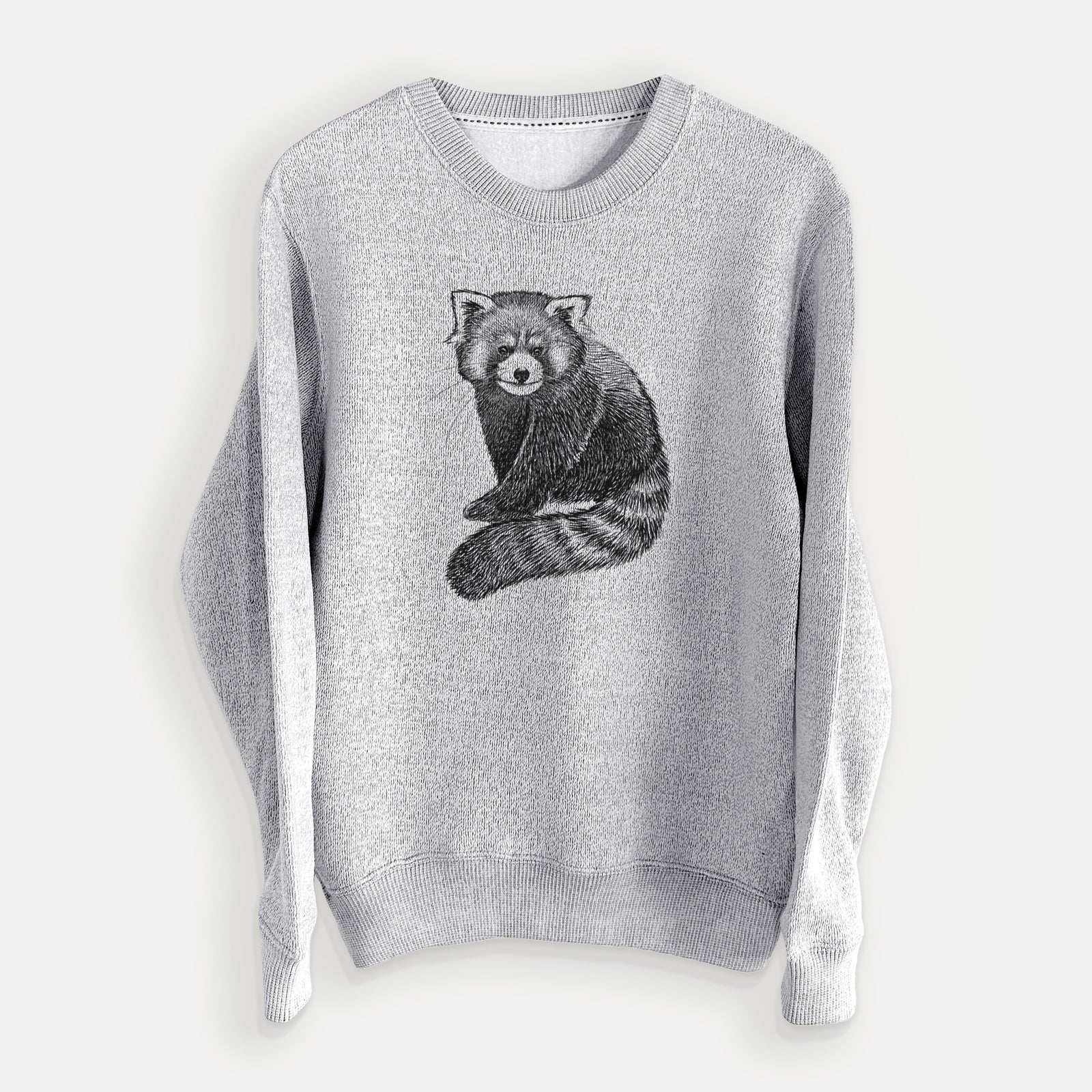 Salt and pepper knit sweatshirt laid flat, printed with a detailed black ink illustration of a red panda sitting with its striped tail wrapped around.