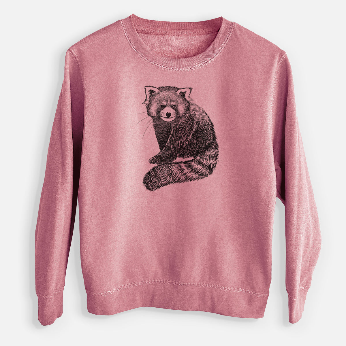 Mauve pink youth crewneck sweatshirt laid flat, printed with a detailed black ink illustration of a red panda sitting with its striped tail wrapped around.