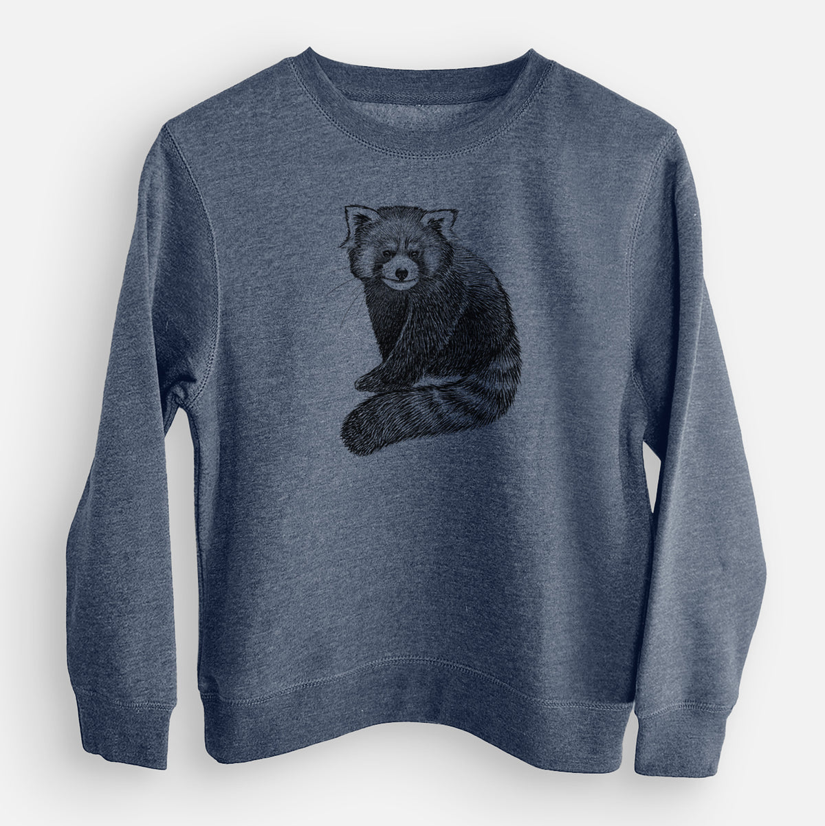Storm blue youth crewneck sweatshirt laid flat, printed with a detailed black ink illustration of a red panda sitting with its striped tail wrapped around.