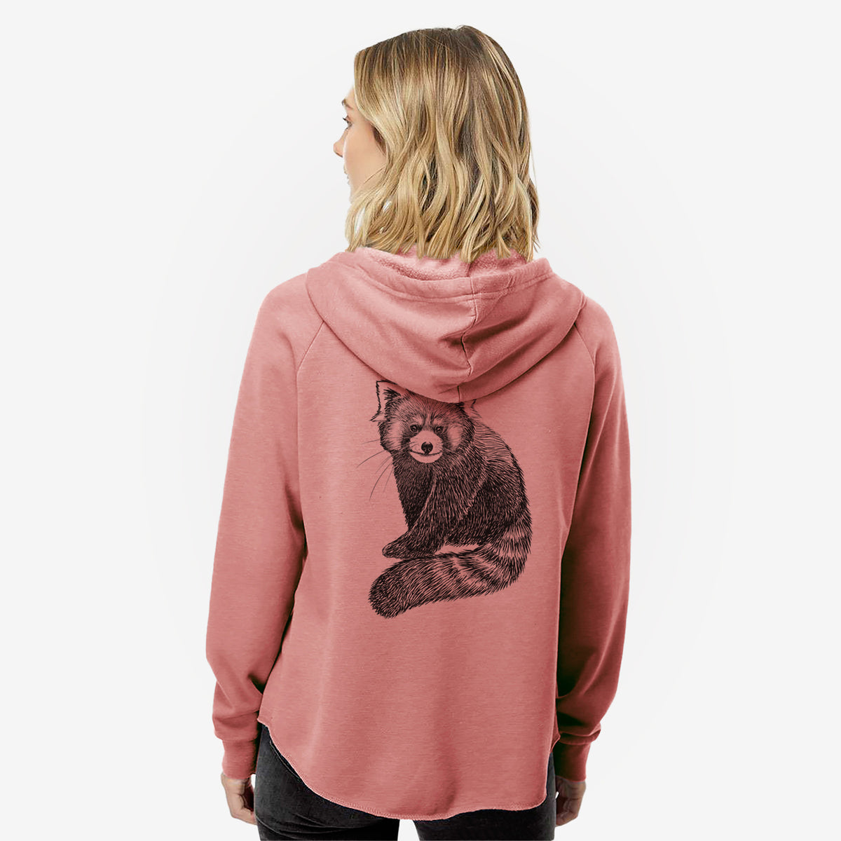 Woman wearing a dusty rose women's Cali Wave zip-up sweatshirt printed with a detailed black ink illustration of a red panda sitting with its striped tail wrapped around, seen from behind.