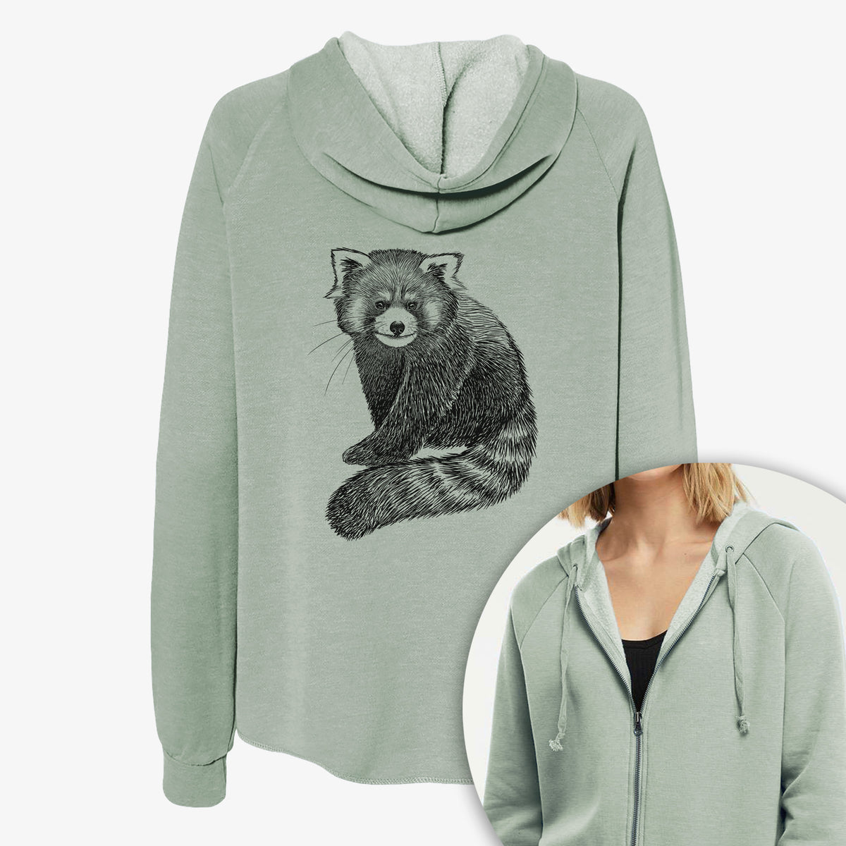Women's Cali Wave zip-up sweatshirt printed with a detailed black ink illustration of a red panda sitting with its striped tail wrapped around, with a close-up of the zipper.
