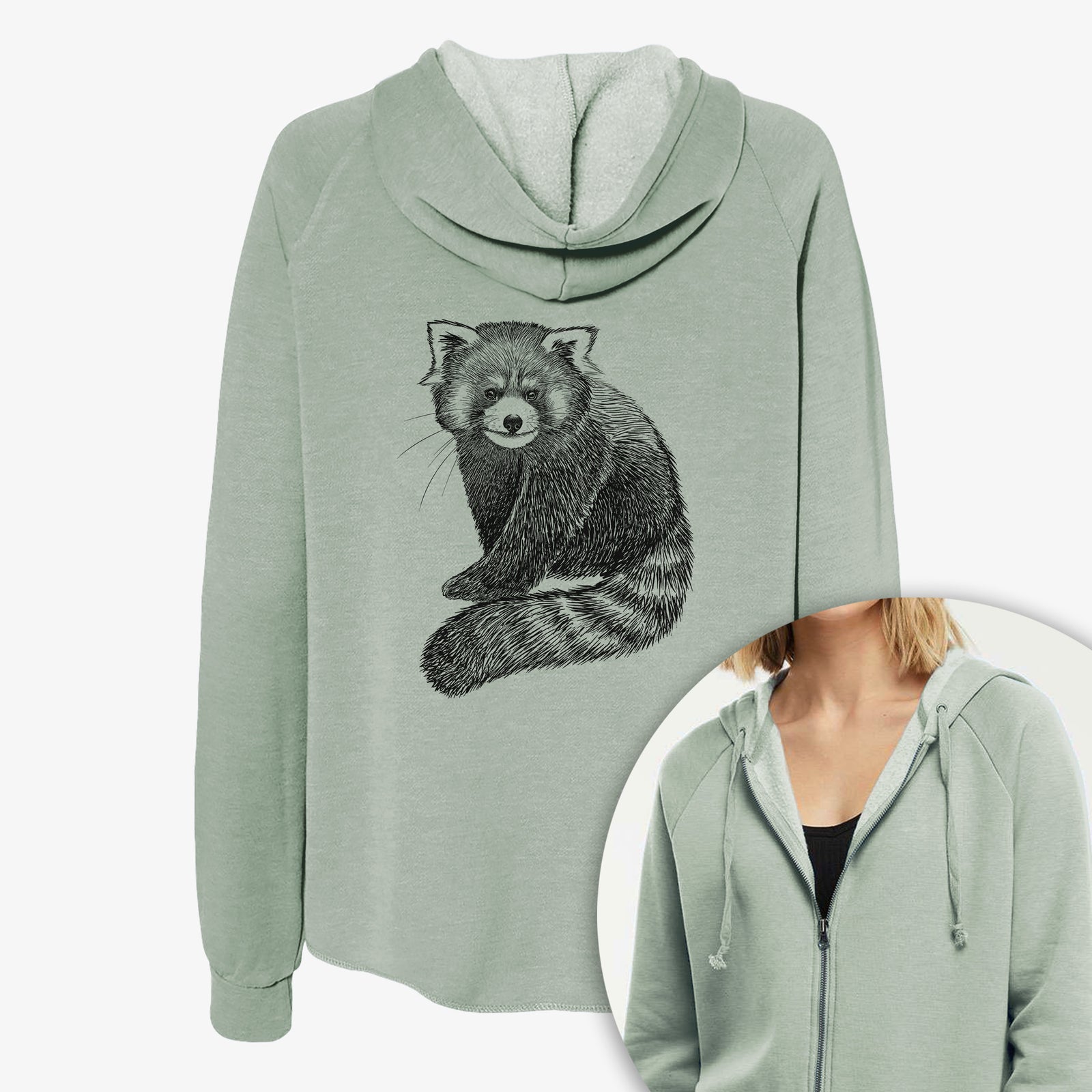 Women's Cali Wave zip-up sweatshirt printed with a detailed black ink illustration of a red panda sitting with its striped tail wrapped around, with a close-up of the zipper.