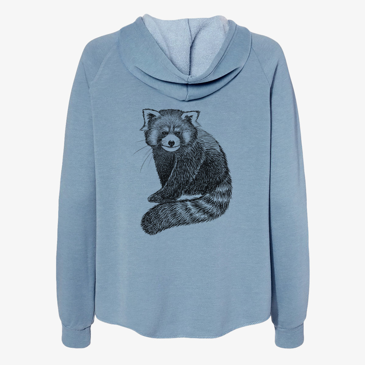 Misty blue women's Cali Wave zip-up sweatshirt laid flat, printed with a detailed black ink illustration of a red panda sitting with its striped tail wrapped around.