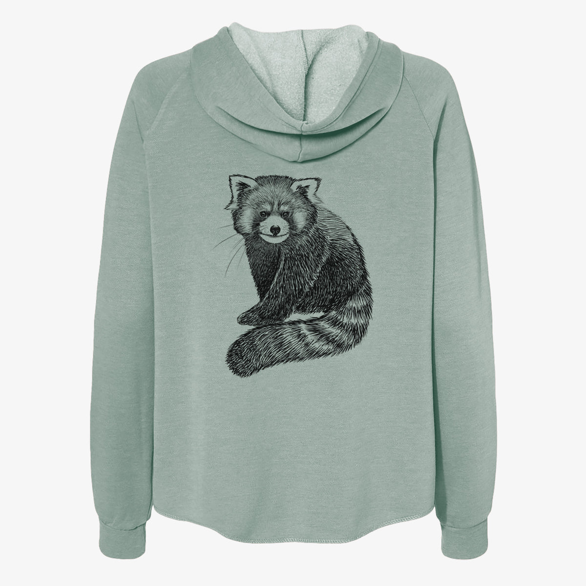 Sage green women's Cali Wave zip-up sweatshirt laid flat, printed with a detailed black ink illustration of a red panda sitting with its striped tail wrapped around.