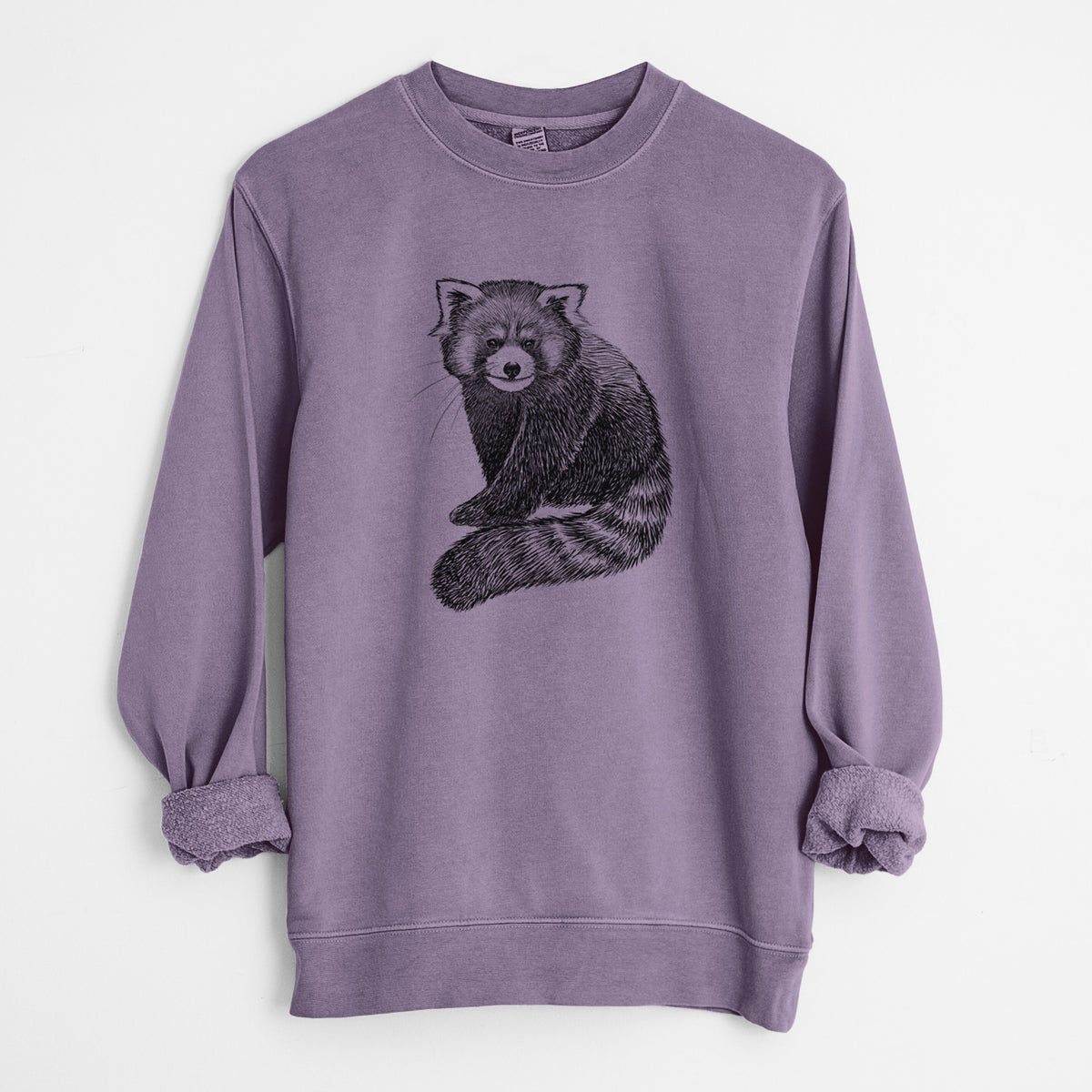 Plum purple pigment dyed crewneck sweatshirt laid flat with the sleeves rolled, printed with a detailed black ink illustration of a red panda sitting with its striped tail wrapped around.
