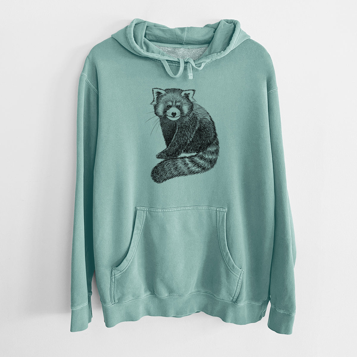 Mint green pigment dyed hoodie laid flat, printed with a detailed black ink illustration of a red panda sitting with its striped tail wrapped around.
