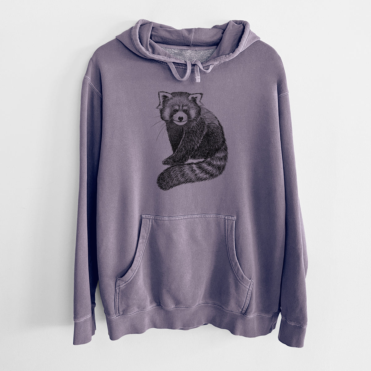 Plum purple pigment dyed hoodie laid flat, printed with a detailed black ink illustration of a red panda sitting with its striped tail wrapped around.