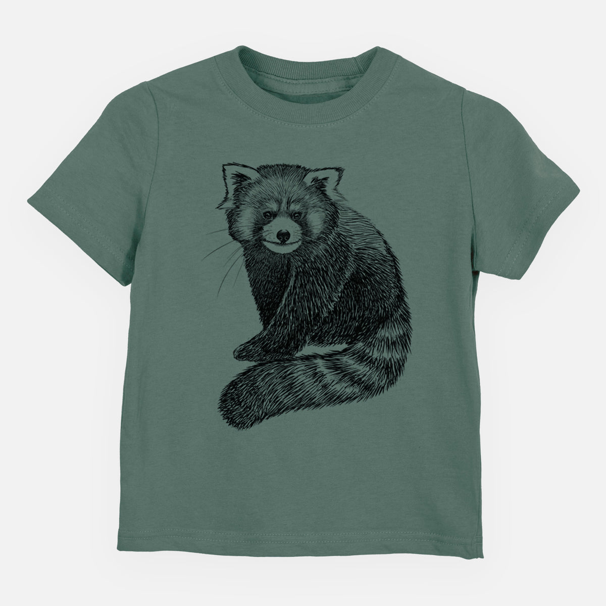 Basil green toddler t-shirt laid flat, printed with a detailed black ink illustration of a red panda sitting with its striped tail wrapped around.