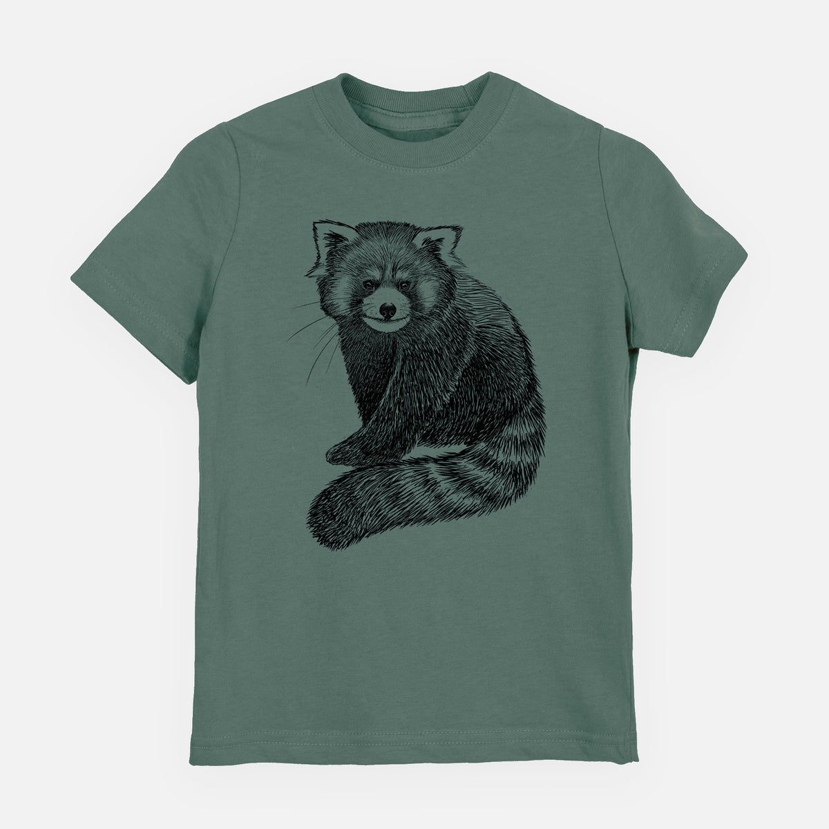Basil green youth t-shirt laid flat, printed with a detailed black ink illustration of a red panda sitting with its striped tail wrapped around.