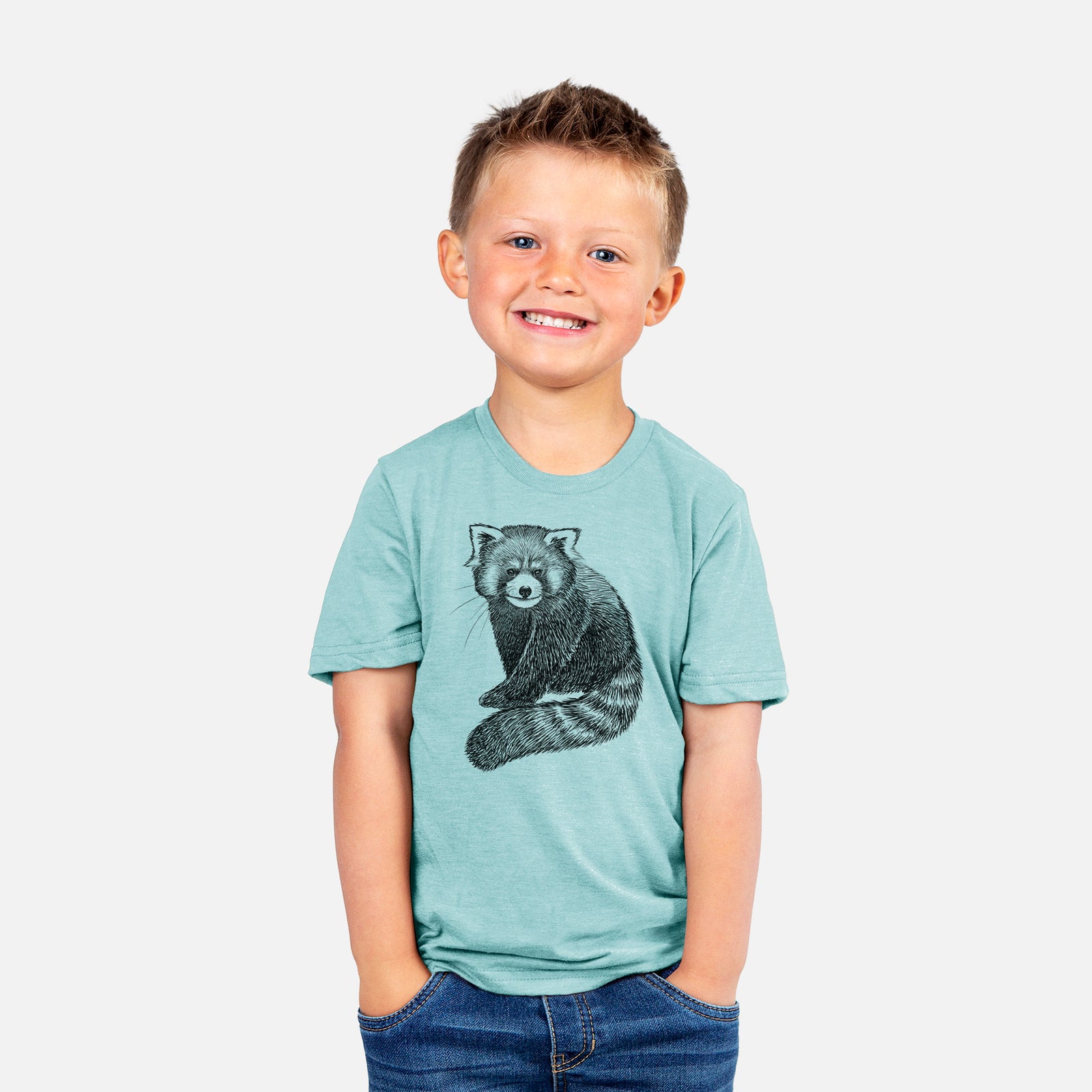 Two youth t-shirts in different colors on hangers, printed with a detailed black ink illustration of a red panda sitting with its striped tail wrapped around.