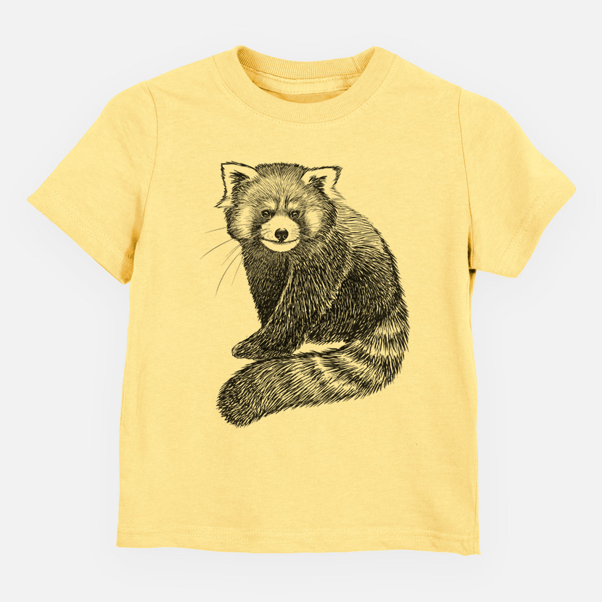 Butter yellow toddler t-shirt laid flat, printed with a detailed black ink illustration of a red panda sitting with its striped tail wrapped around.