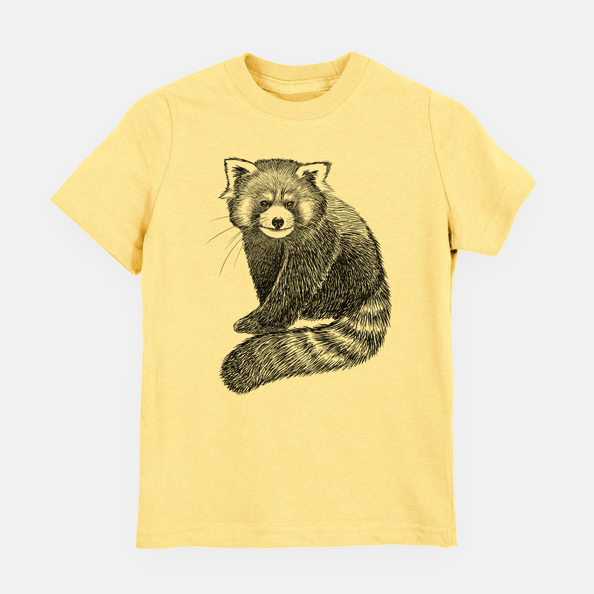 Butter yellow youth t-shirt laid flat, printed with a detailed black ink illustration of a red panda sitting with its striped tail wrapped around.