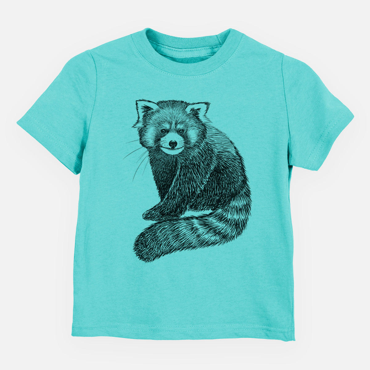 Caribbean blue toddler t-shirt laid flat, printed with a detailed black ink illustration of a red panda sitting with its striped tail wrapped around.