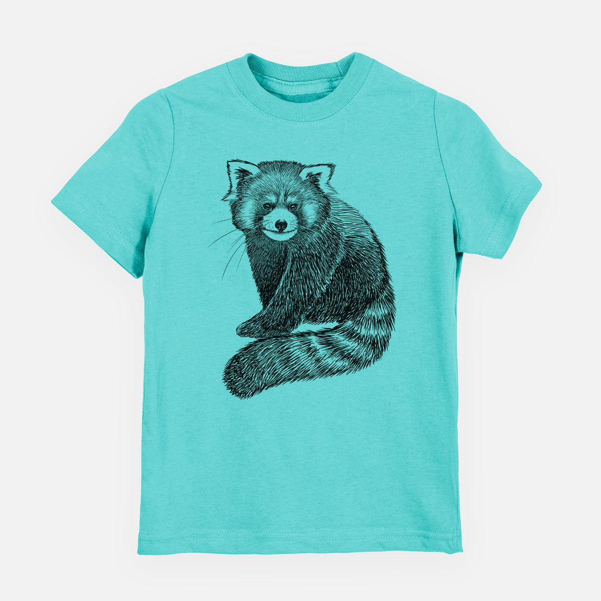 Caribbean blue youth t-shirt laid flat, printed with a detailed black ink illustration of a red panda sitting with its striped tail wrapped around.