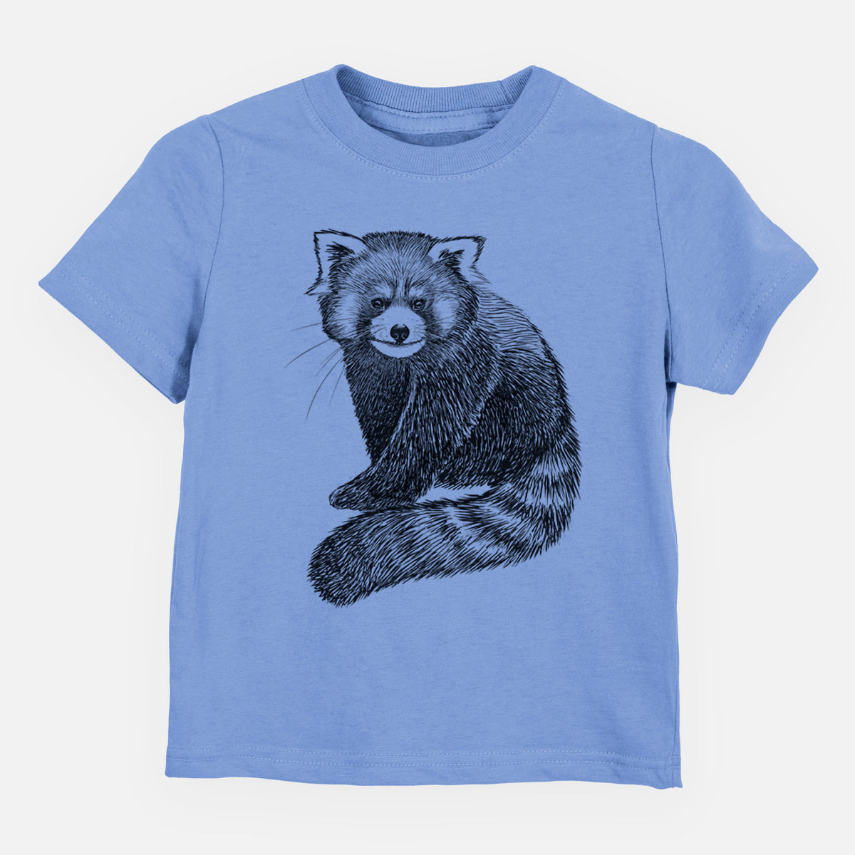 Carolina blue toddler t-shirt laid flat, printed with a detailed black ink illustration of a red panda sitting with its striped tail wrapped around.