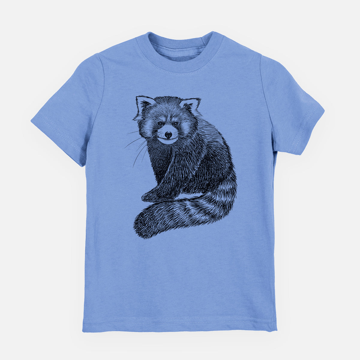 Carolina blue youth t-shirt laid flat, printed with a detailed black ink illustration of a red panda sitting with its striped tail wrapped around.