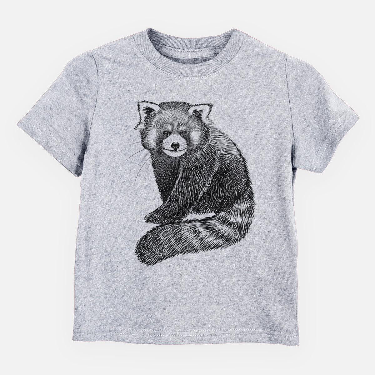 Heather grey toddler t-shirt laid flat, printed with a detailed black ink illustration of a red panda sitting with its striped tail wrapped around.