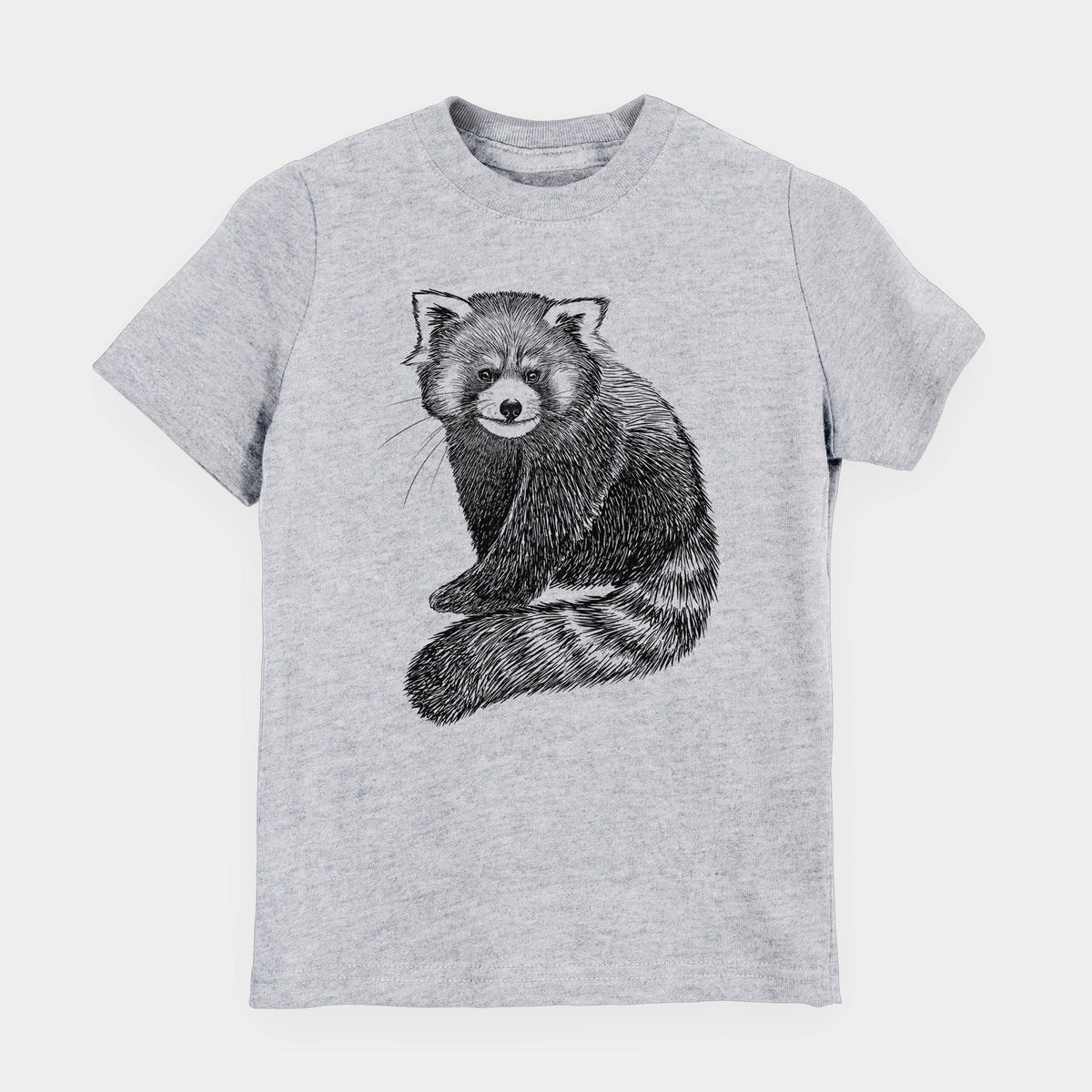 Heather grey youth t-shirt laid flat, printed with a detailed black ink illustration of a red panda sitting with its striped tail wrapped around.