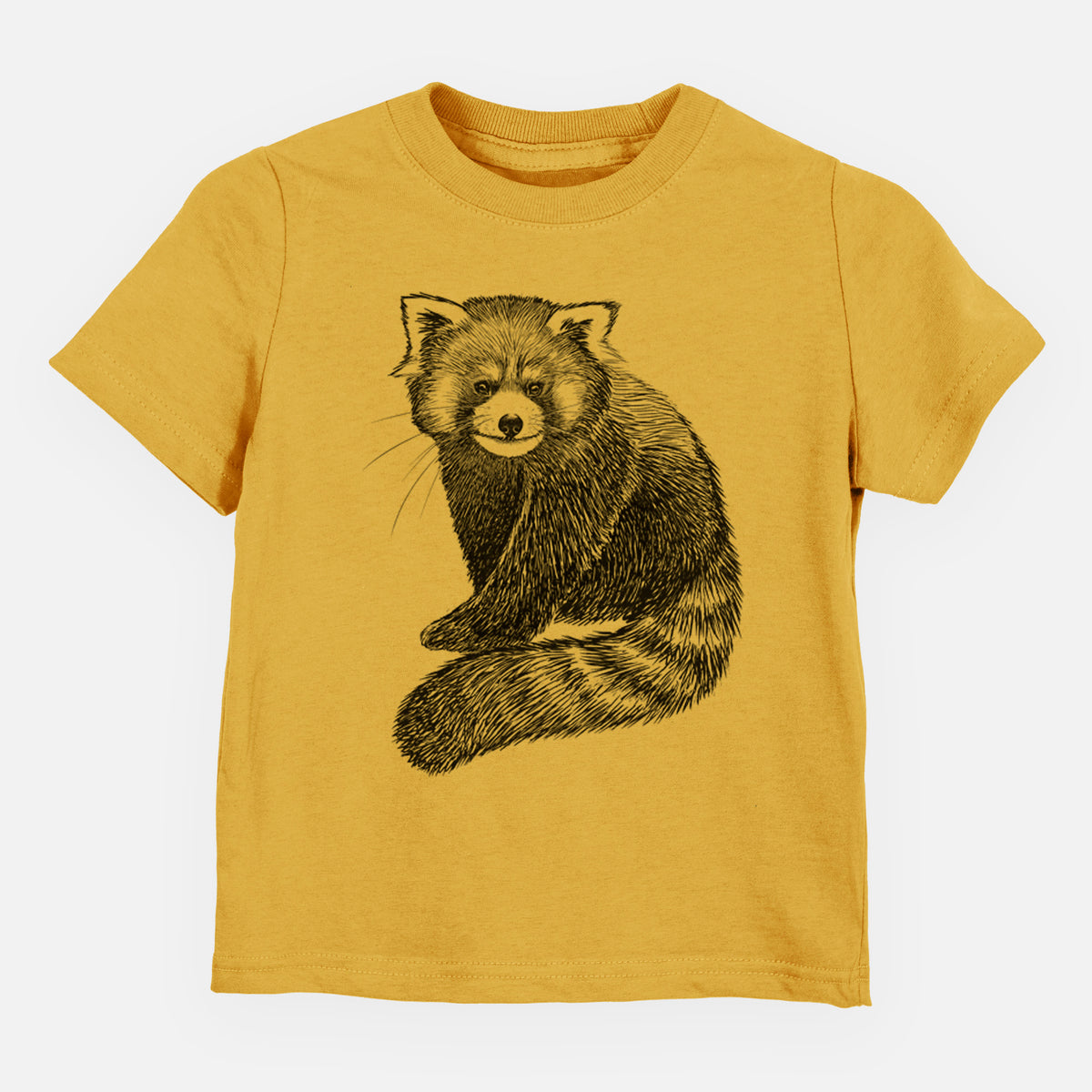 Honeycomb yellow toddler t-shirt laid flat, printed with a detailed black ink illustration of a red panda sitting with its striped tail wrapped around.