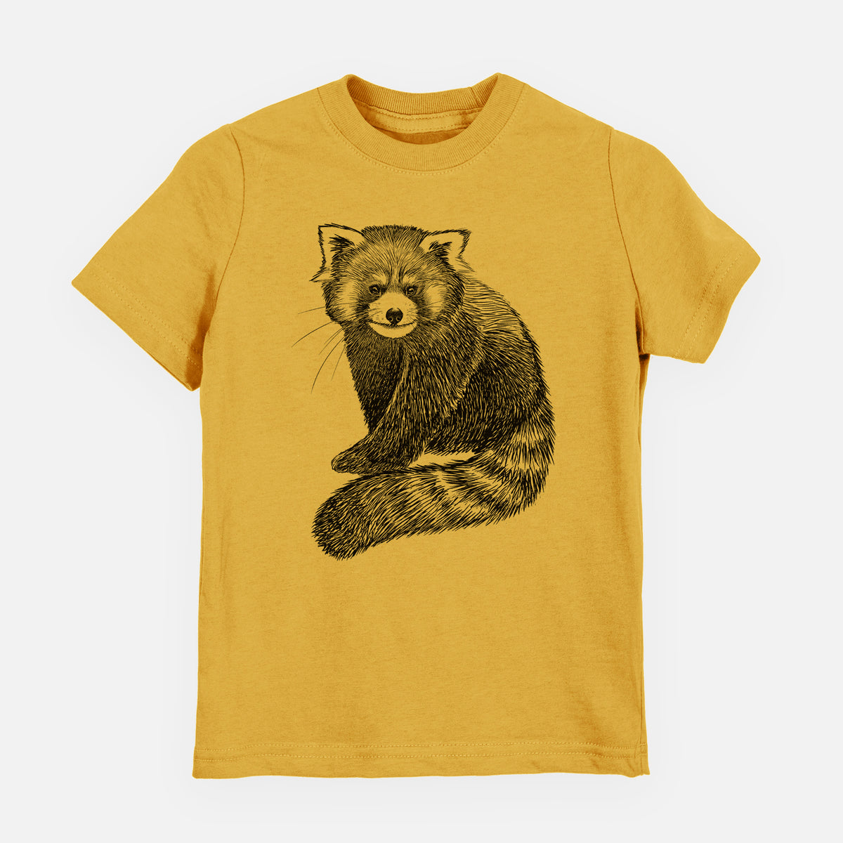Honeycomb yellow youth t-shirt laid flat, printed with a detailed black ink illustration of a red panda sitting with its striped tail wrapped around.